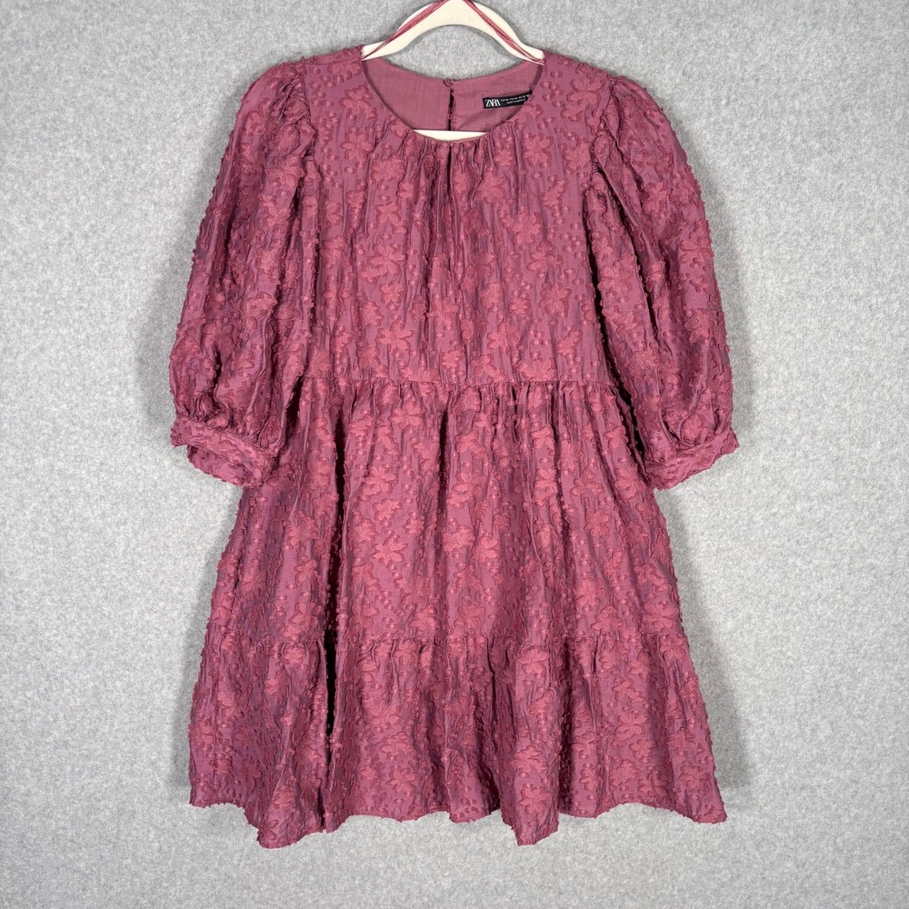 Zara Babydoll Dress XS Texture Floral Burnout Puff Sleeve Tiered Coquette Lolita